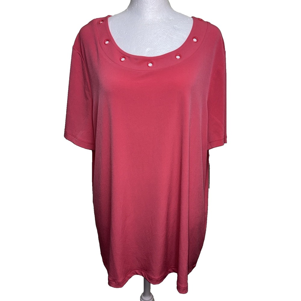 Chico's Grommet Neck Knit Top Size 3 XL Pink Coral Embellished Capsule Core Tee